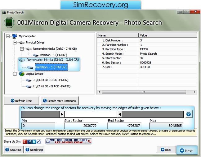 Screenshots of digital camera recovery software to learn how to recover