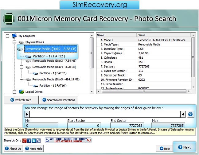 Screenshots of memory card recovery software to learn how to recover photos